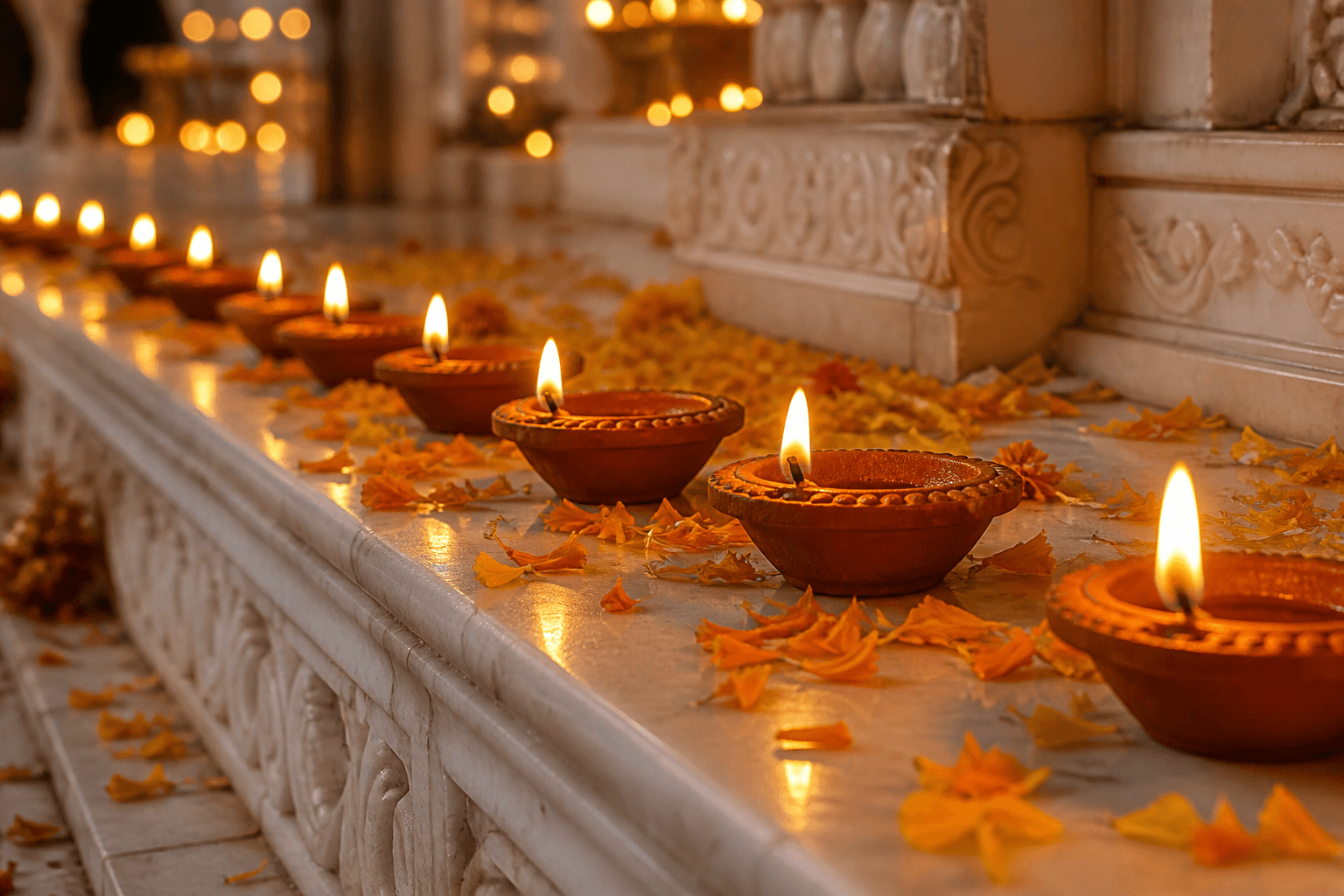 Oil lamps and marigold petals