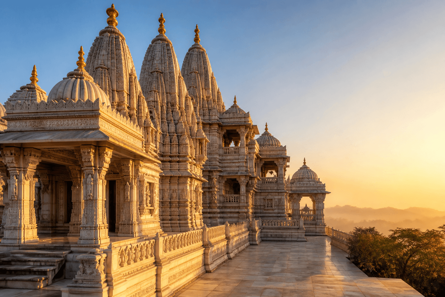 A Jain temple complex in warm evening light