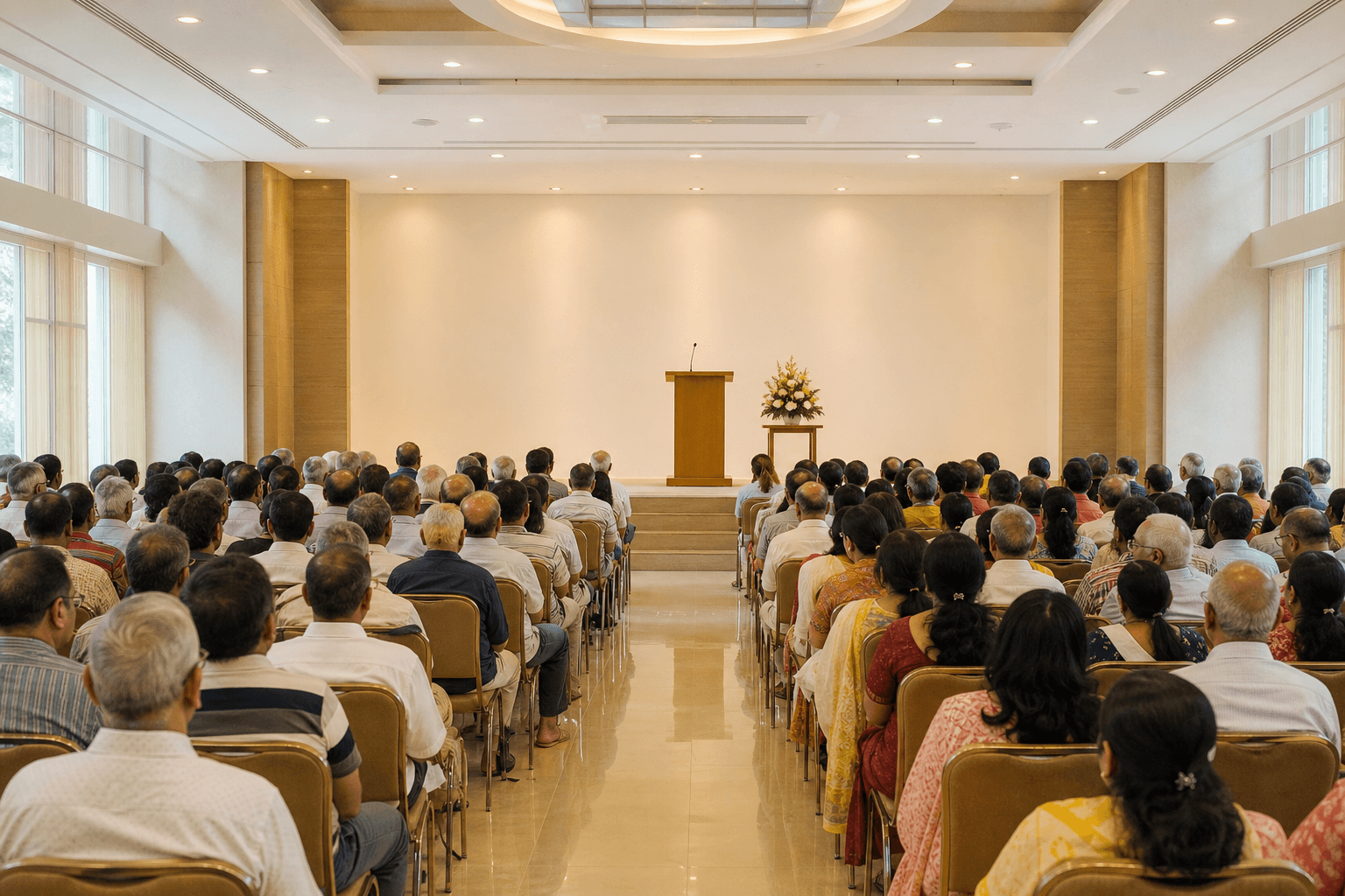 Community gathered for a pravachan in a sangh hall