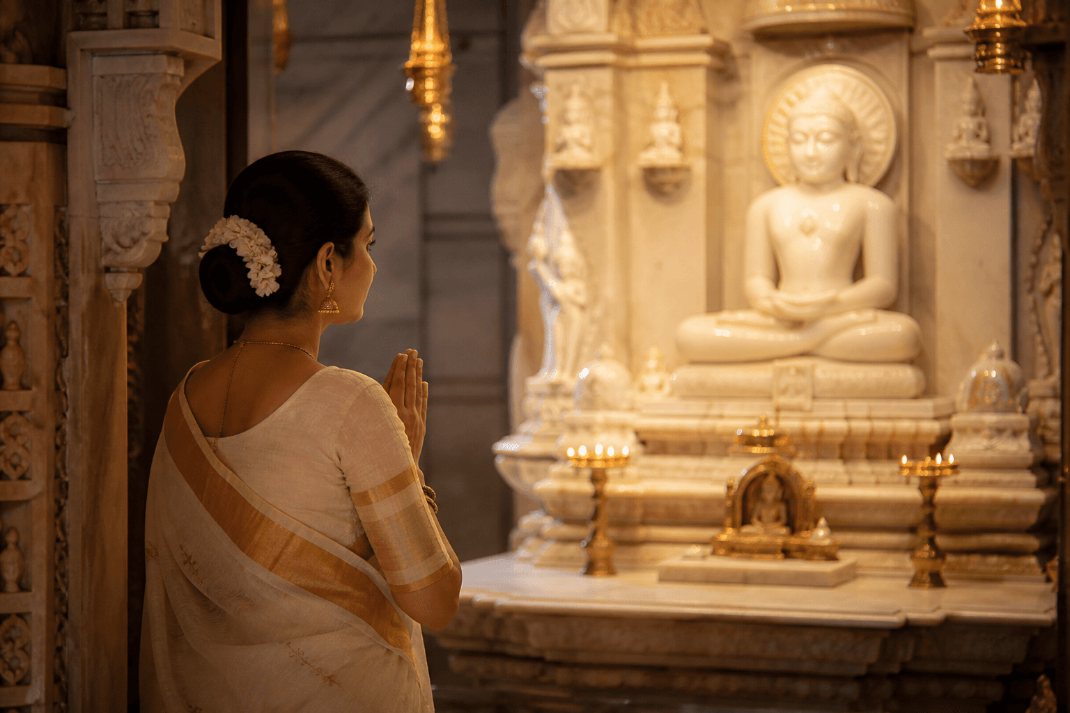 A devotee offering prayers before a Tirthankara idol